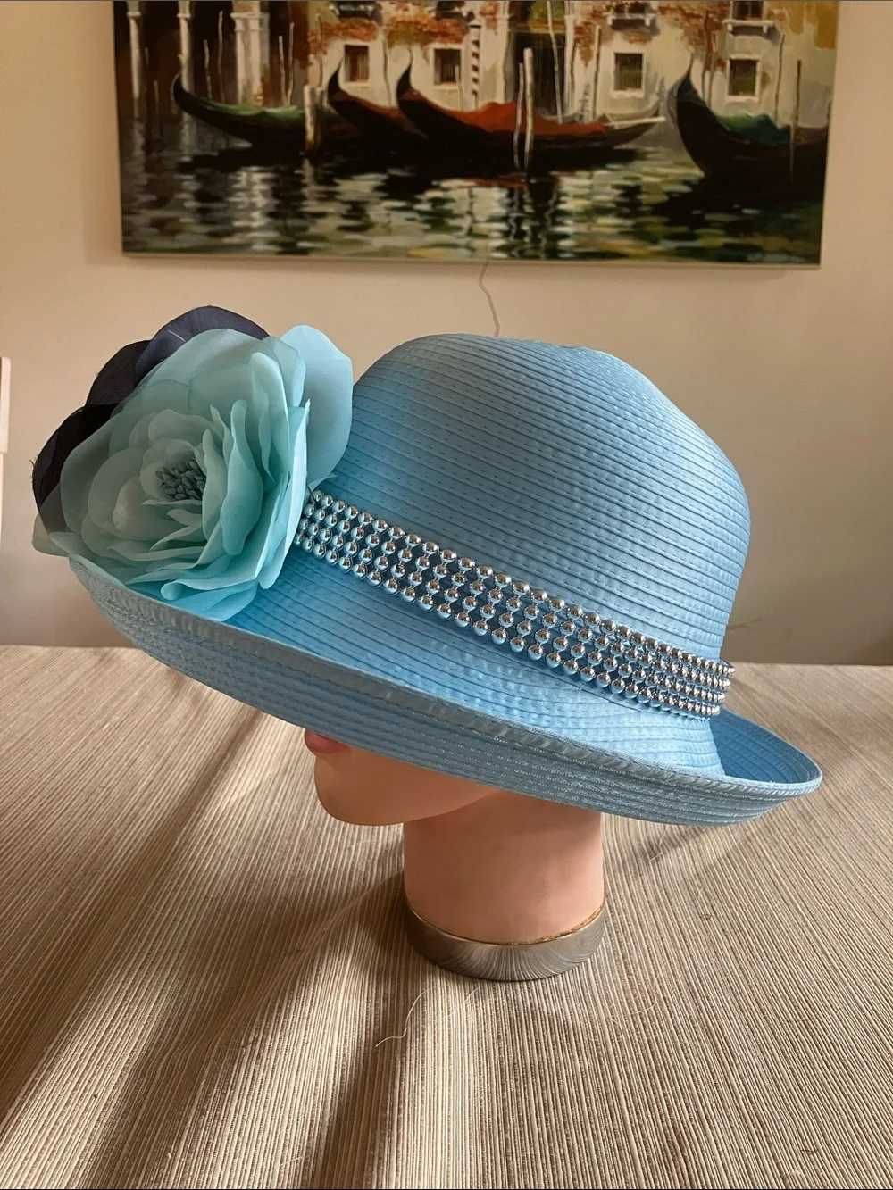 Light Blue Satin Ribbon Hat with Navy and Light Blue Floral and Beaded Band